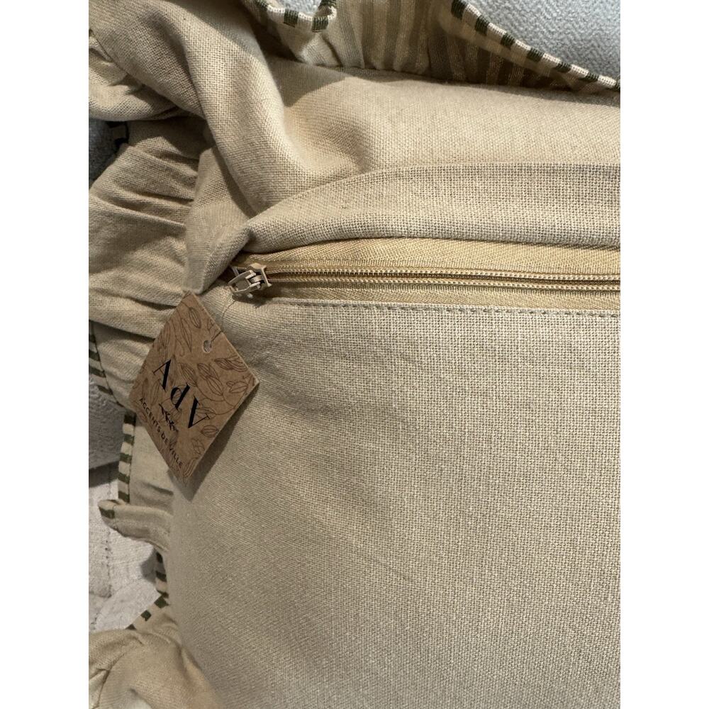 New Cottage Farmhouse Vintage Olive Green Stripe Ruffle Lumbar Accent Pillow - Picture 10 of 13